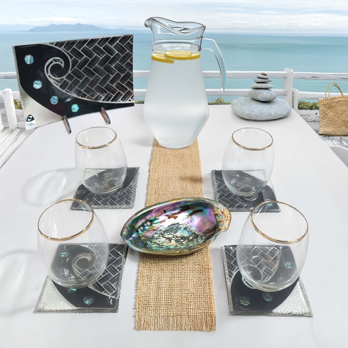 NZ Made Glass Paua Platter/PlateKoru Kete - Blk w/standm w/stand - Fiery Creations Ltd