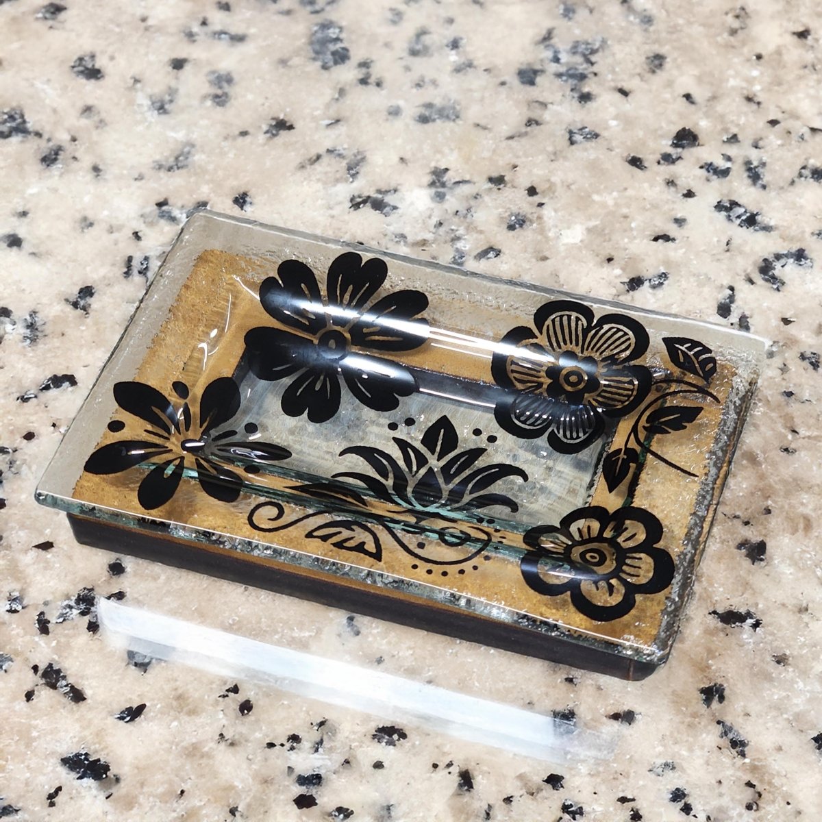 NZ Made Glass Rimu Soap/Jewelry Dish Wild Flowers - Blk - Fiery Creations Ltd