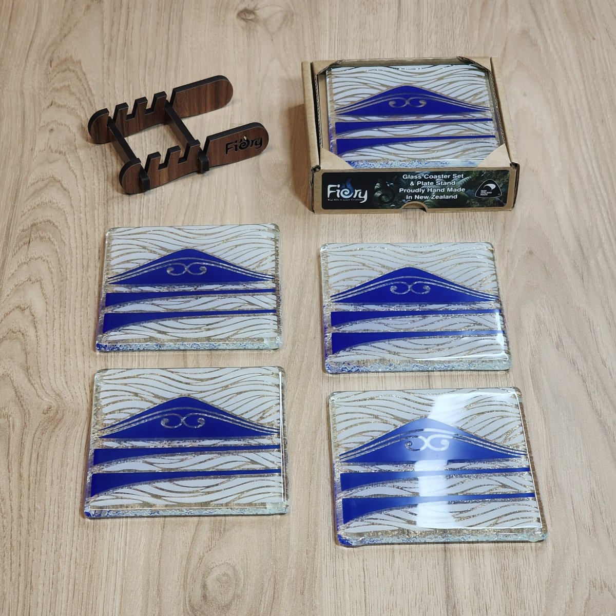 Te Maunga Blue/White Glass Coasters - Pack of 4 - Fiery Creations Ltd