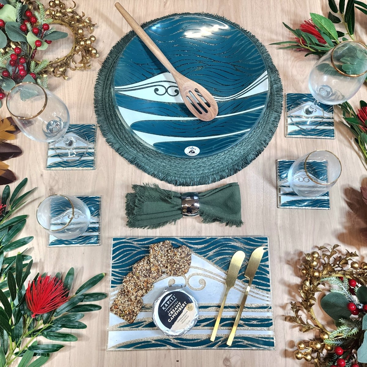 Te Maunga Glass Tableware Set Teal/Pearl - Bowl, Platter & Coaster Set w/stands - Fiery Creations Ltd